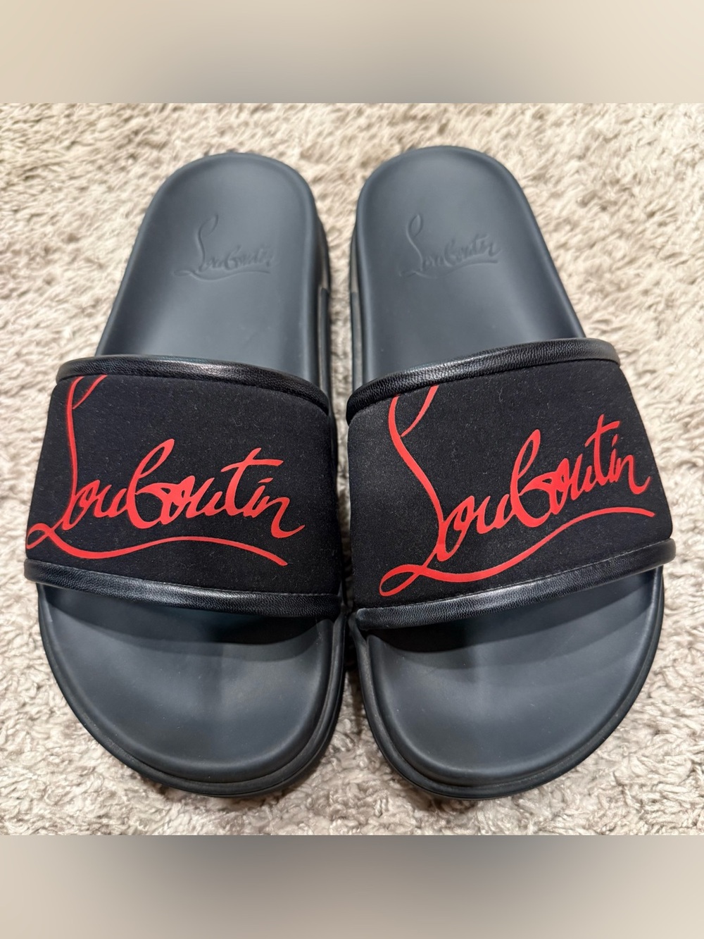 Christian Louboutin Black Slides with Red Script Logo Strap
